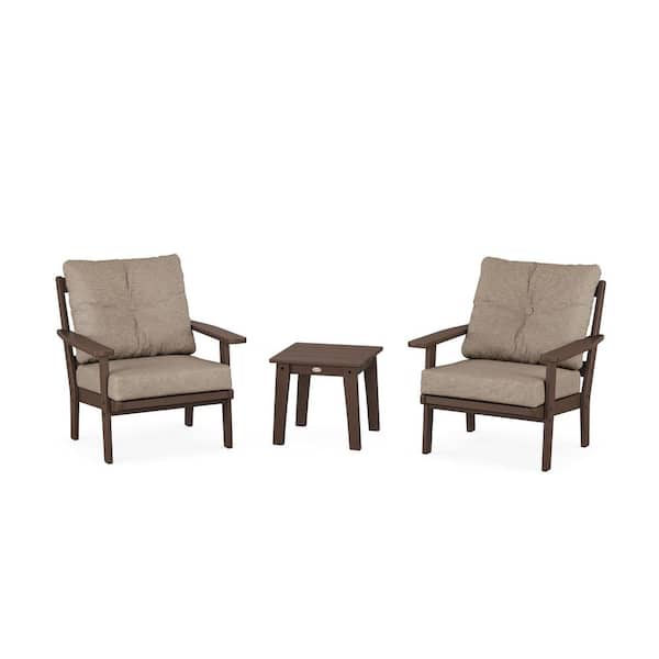 POLYWOOD Prairie 3-Pcs Plastic Patio Conversation Set in Mahogany/Spiced Burlap Cushions