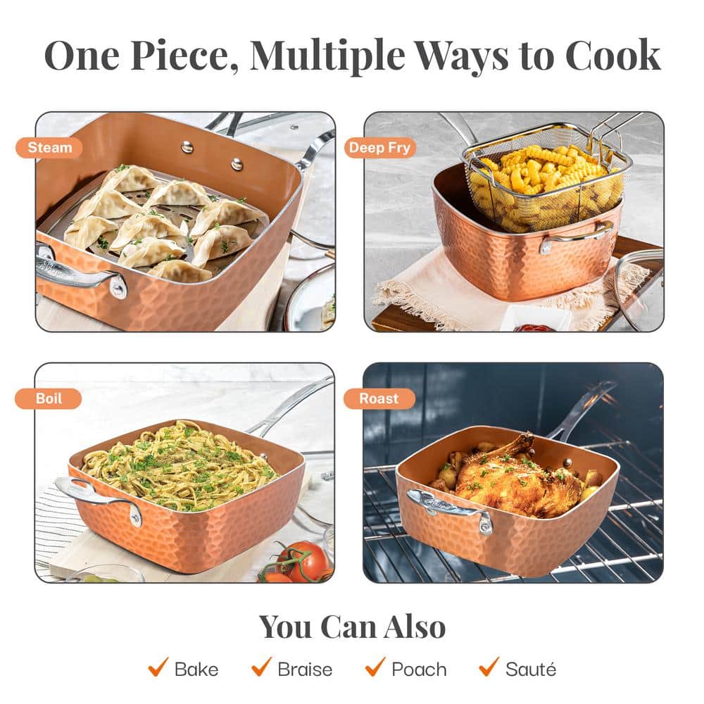 Hammered Copper 9.5-Inch Aluminum Nonstick Deep Frying Pan Set with Lid