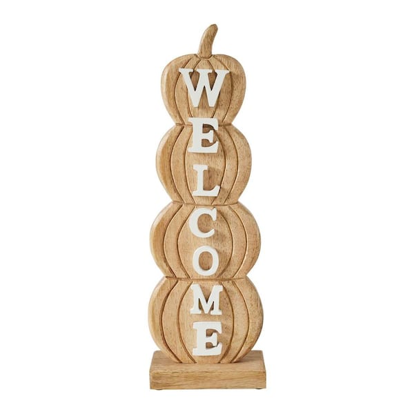 16.5 in. Brown Wooden Pumpkin Stack Welcome Christmas Sign