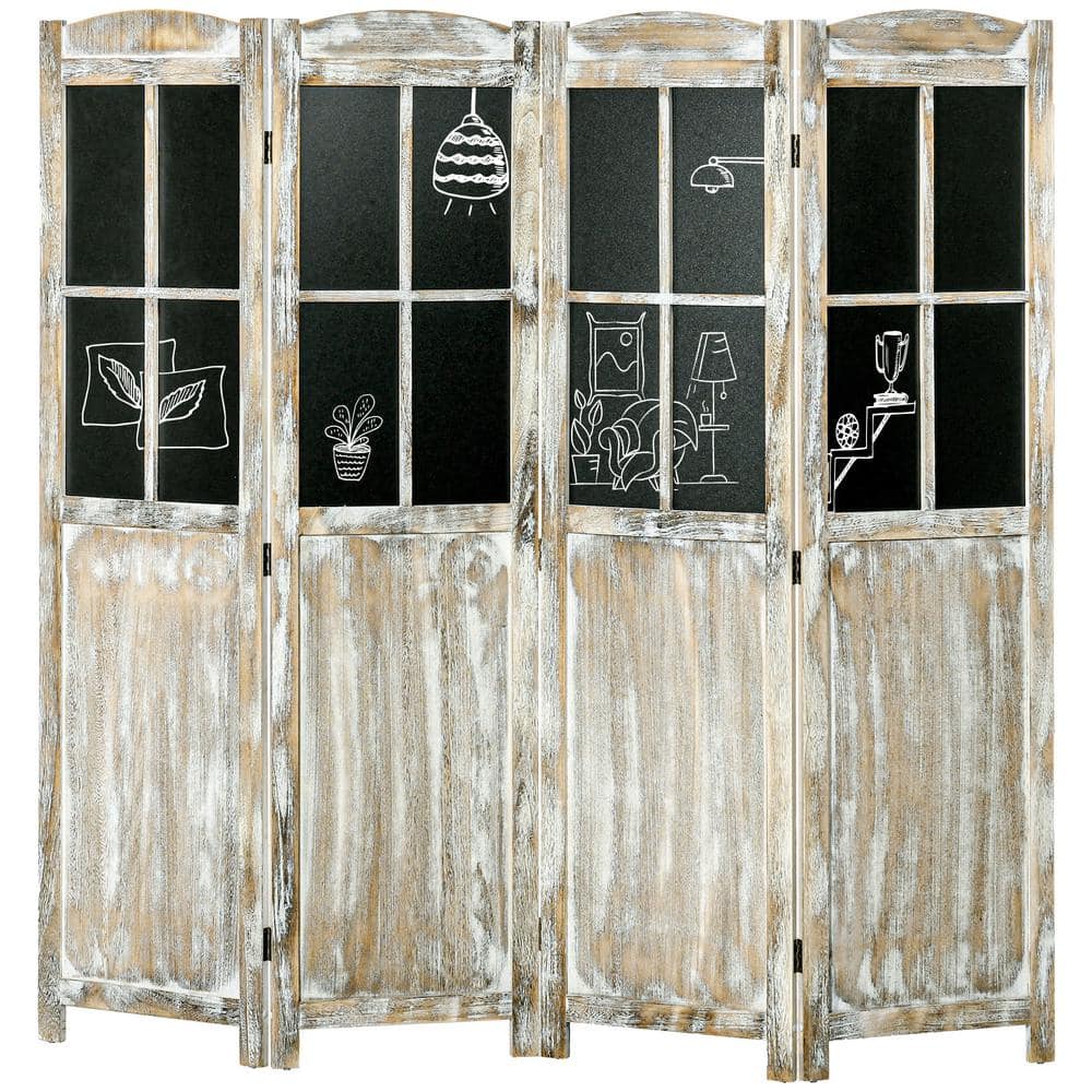 6 ft. Natural Wood Folding Outdoor Privacy Screen with Black Boards, 4-Pane