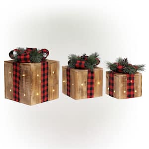Decorative Wooden Christmas Gift Box Set with LED Lights (3-Piece)