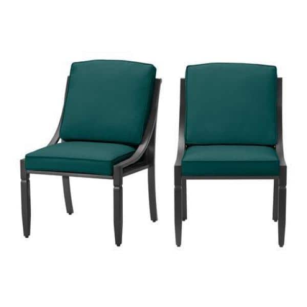 Hampton Bay Harmony Hill Black Steel Outdoor Patio Armless Dining Chairs with CushionGuard Malachite Green Cushions (2-Pack)