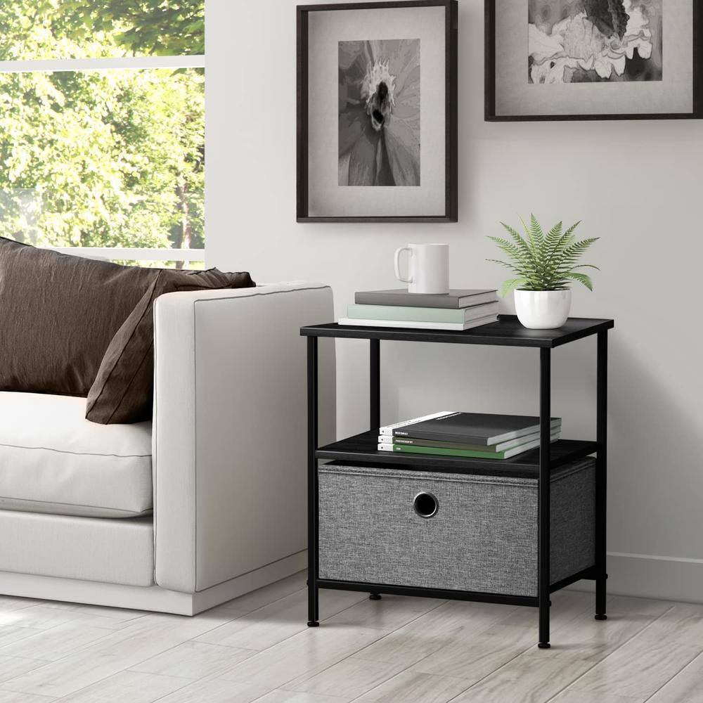 Black Steel Frame Nightstand with Wood Top and Fabric Drawer