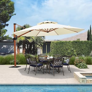 13 ft. Octagon High-Quality Wood Pattern Aluminum Cantilever Polyester Patio Umbrella with Base Plate, Cream
