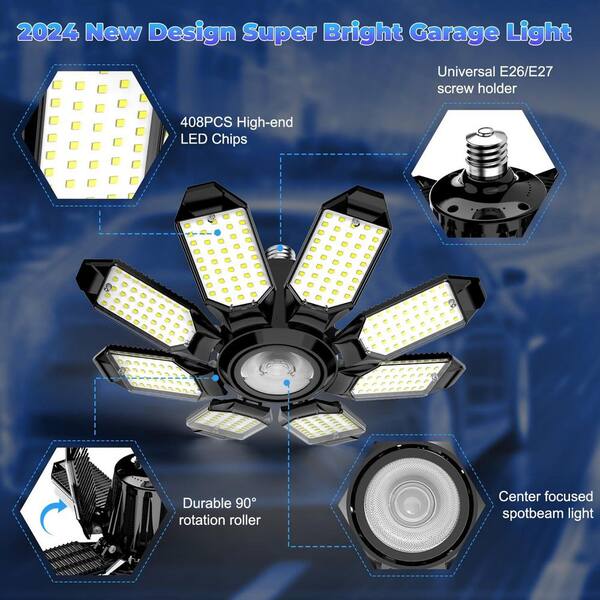 Lukyamzn 6500 K 50000 LM LED Garage Light 2-Pack with 8-Deformable