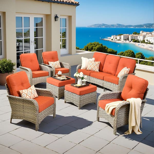 Ruby 7-Piece Wicker Modern Outdoor Furniture Patio Conversation Sofa Set with Orange Red Cushions