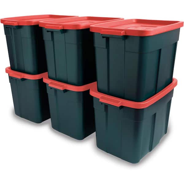 Rubbermaid Roughneck 18 Gal. Holiday Storage Totes with Lids, Green/Red, Pack of 6