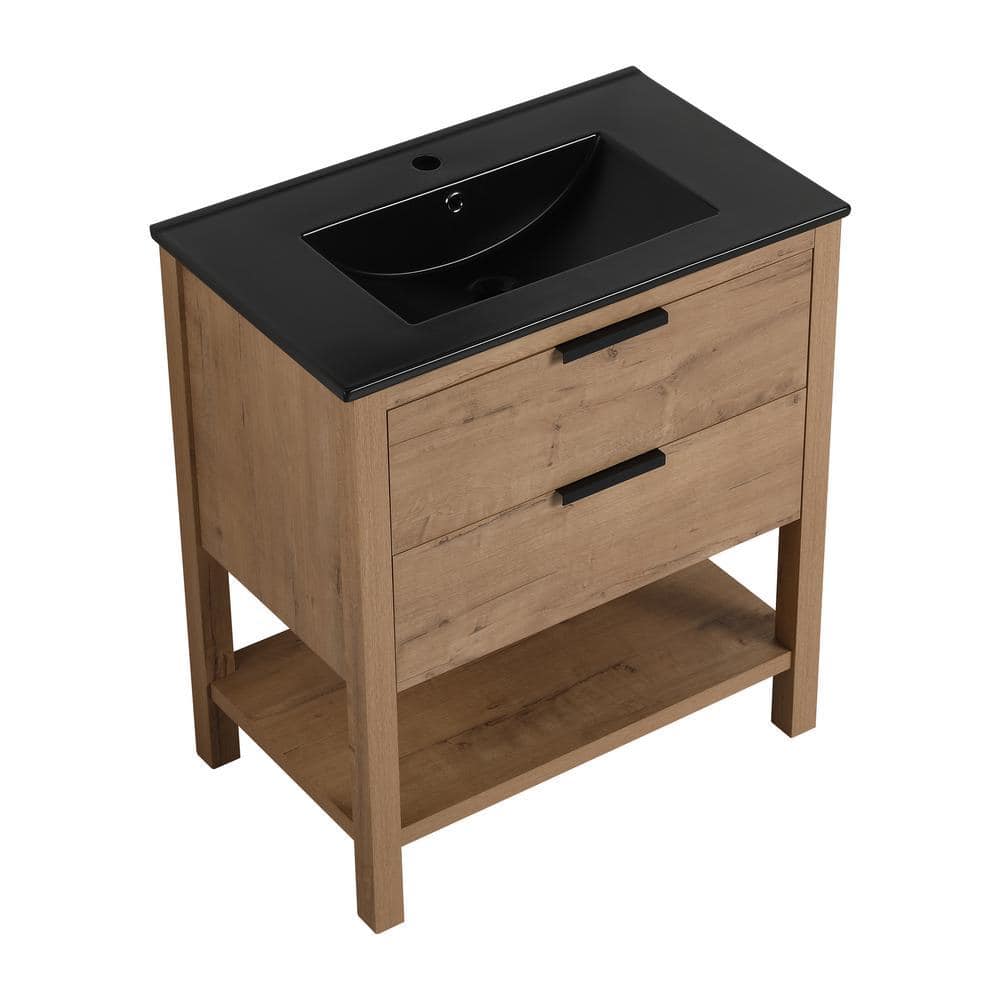 30 in. W x 18.3 in. D x 33.75 in. H Single Bowl Sinks Freestanding Bath Vanity in Imitative Oak with Black Ceramic Top price history on PriceWatchPro