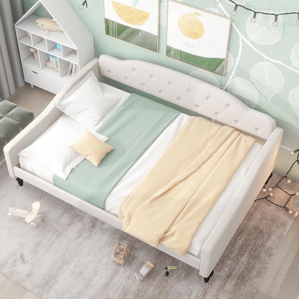 Harper & Bright Designs Button-Tufted Beige Wood Frame Full Size Upholstered Daybed with Gourd-Shaped Legs and Additional Support Legs