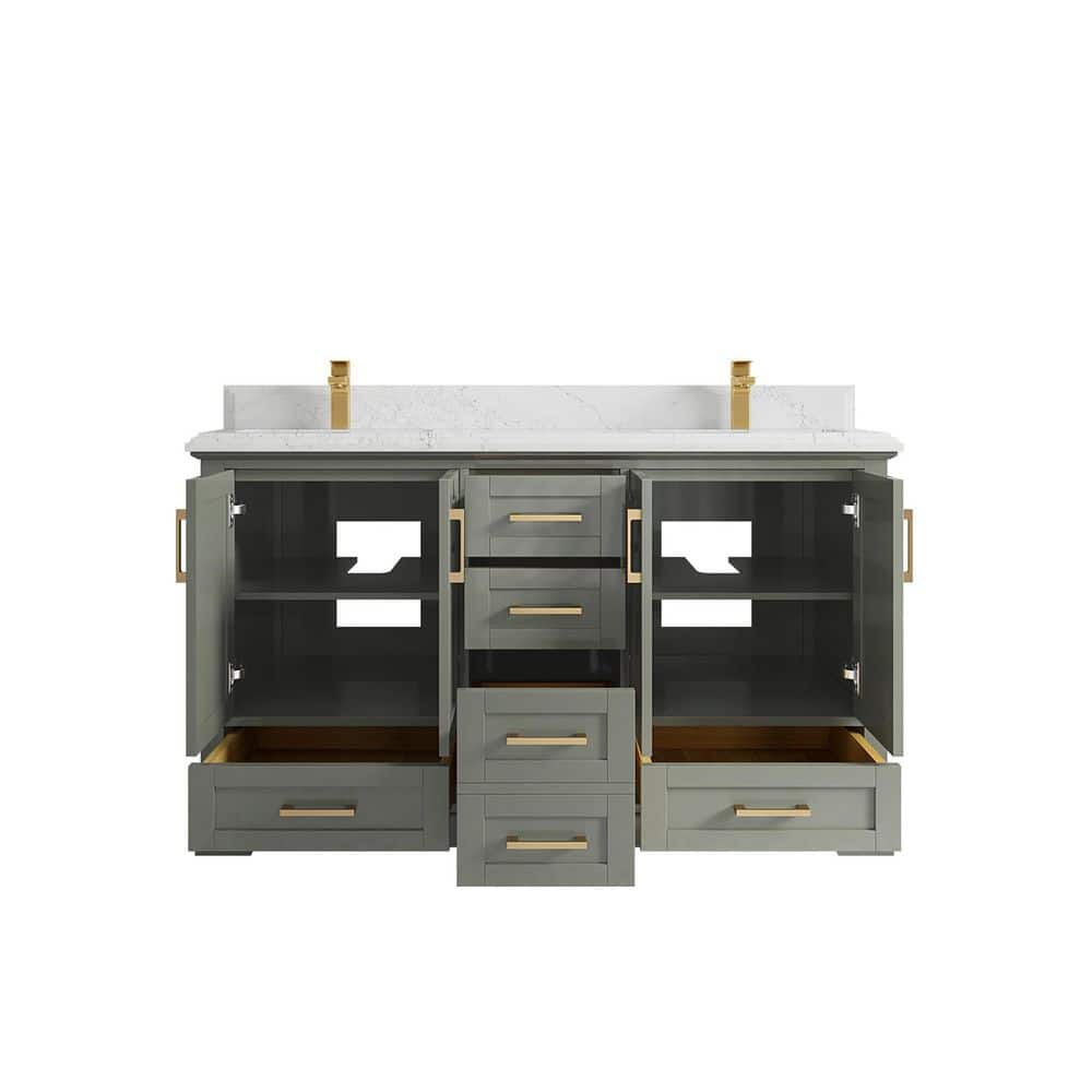 60" Evergreen Solid Wood Double Sink Bathroom Vanity with Empira Quartz Top