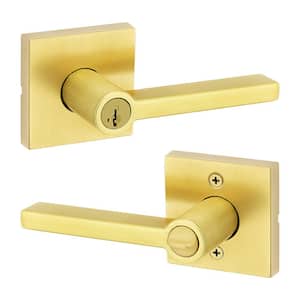 Halifax Square Satin Brass Keyed Entry Door Handle Lever Featuring SmartKey Security