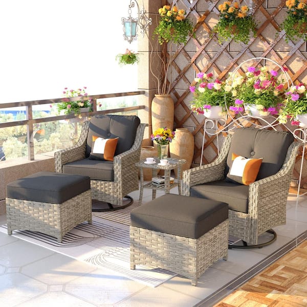 Toject Eureka Grey 5-Piece Modern Wicker Outdoor Patio Conversation Swivel Rocking Chair Seating Set with Black Cushions