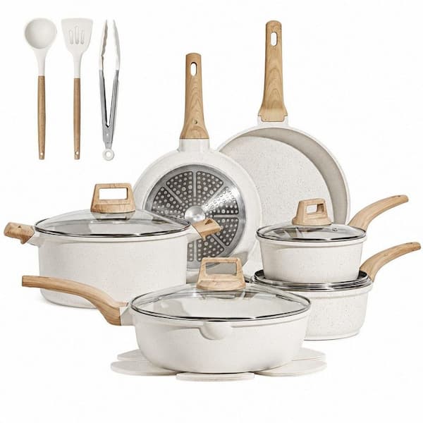 16-Piece Pots and Pans Set, Nonstick White Granite Cookware Set, Induction Cookware, Frying Pans & Saucepans