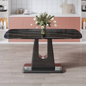 Modern Rectangle Black Faux Marble Pedestal Dining Table Seats for 6 (62.99 in. L x 29.53 in. H)