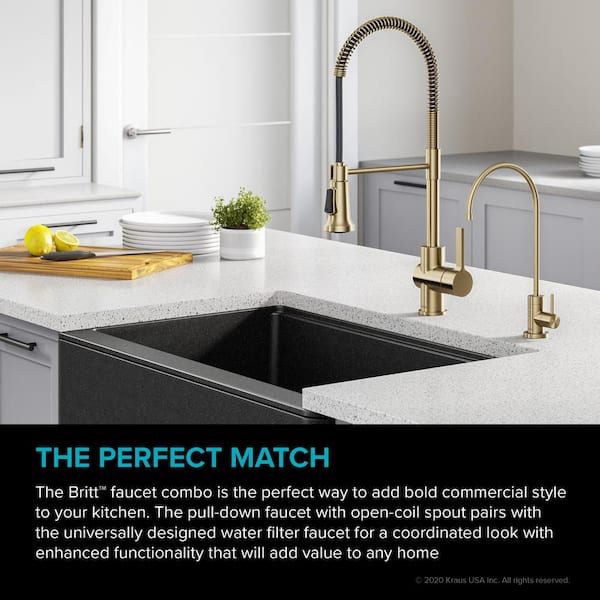 Kraus Britt Commercial 1 Handle Pull Down Kitchen Faucet And Purita Water Filtration Faucet In Brushed Gold Kpf 1690 Ff 100bg The Home Depot