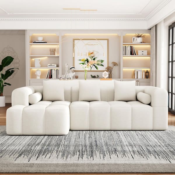 101.2 in. Chenille Fabric Sponge Sectional Sofa in. Beige with 3 Square Pillows, 2 Bolster Pillows