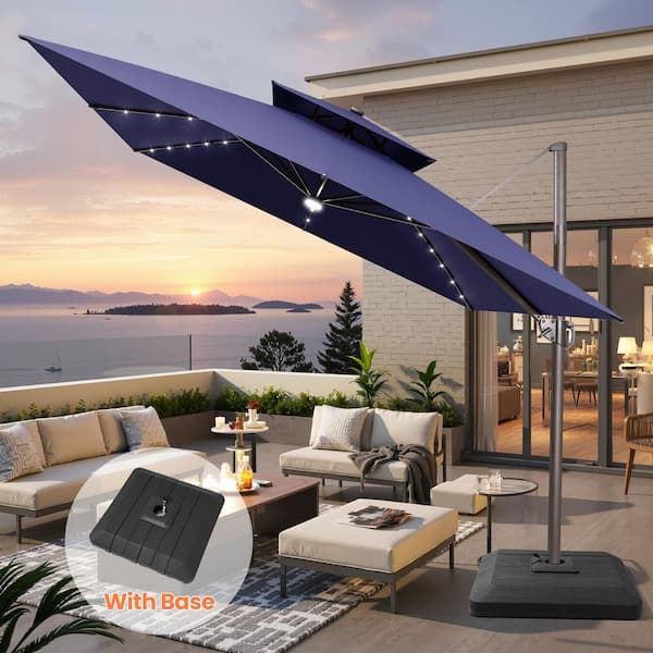 CLOUDFLY 11 ft. x 11 ft. Solar LED Cantilever Umbrella and 240 lbs. Stand Double Top Outdoor Offset Patio Umbrella in Navy Blue 87PUL33UBLKNAV CLOUDFLY 11 ft. x 11 ft. Solar LED Cantilever Umbrella and 240 lbs. Stand Double Top Outdoor Offset Patio Umbrella in Navy Blue 87PUL33UBLKNAV