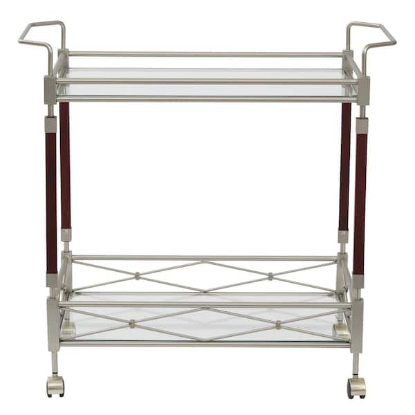 OSP Home Furnishings Melrose Serving Cart with Clear Tempered Glass and Nickel Brush Metal Frame