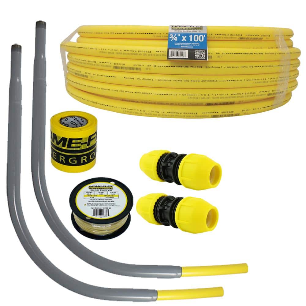 HOME-FLEX Underground 3/4in IPS New Install Kit (1)3/4inx100ft Pipe, (2)3/4in Couplers, (2)3/4in Meter Risers, Gas Line Detection, Yellow