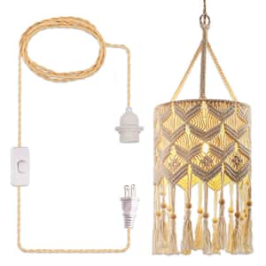 Bohemian 1-Light White Pendant Light with Adjustable Macrame Rattan Shade and Length, Plug-In