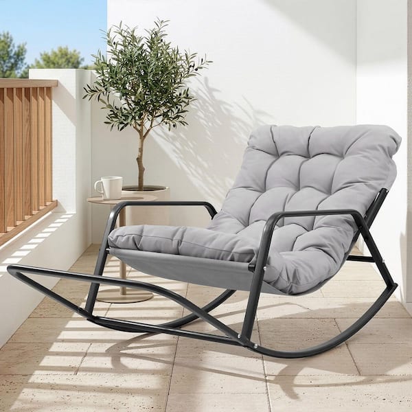 Oversized Gray Metal Outdoor Rocking Chair Papasan Lounge Chair