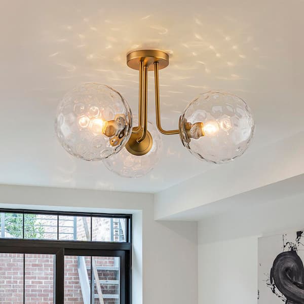 Dvorakova 20.1 in. 3-Light Gold Modern Sputnik Semi-Flush Mount Ceiling Light with Textured Globe Glass Shades
