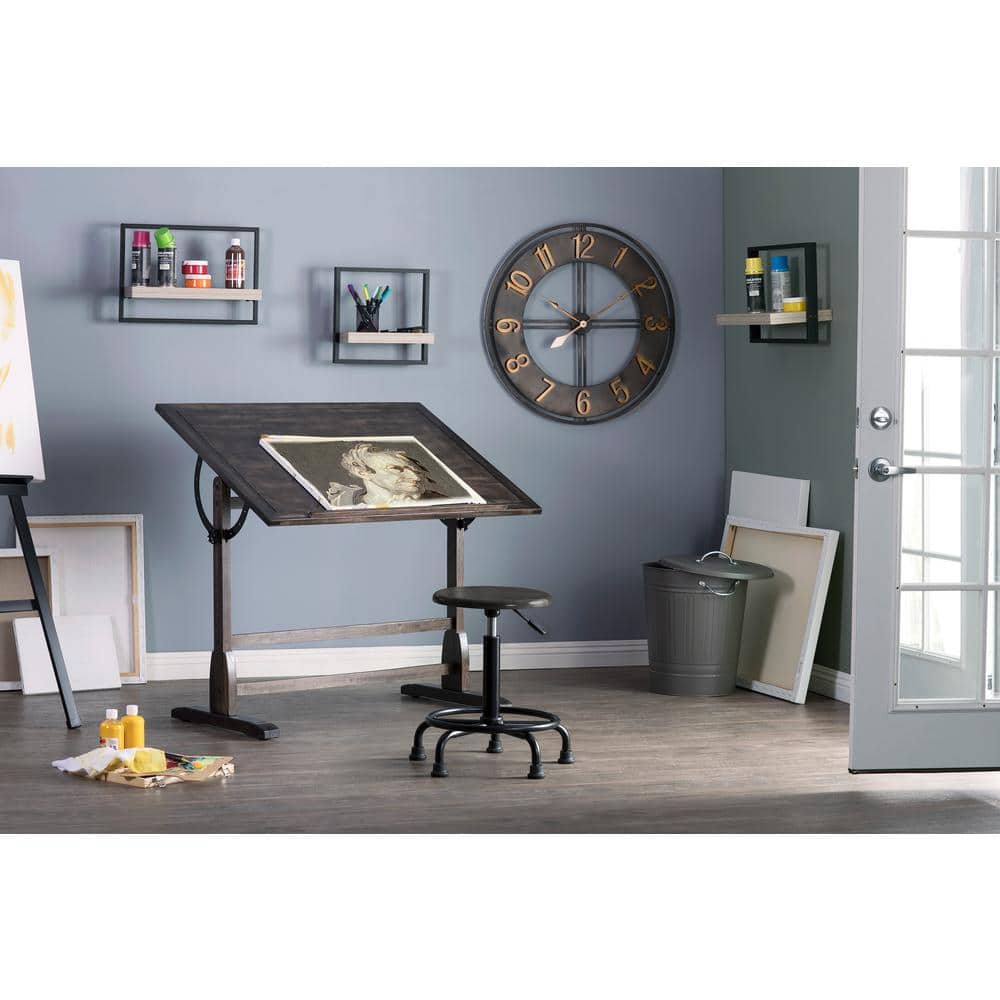 Distressed Black Vintage Solid Wood Drafting Table with Adjustable Top 42"x30"