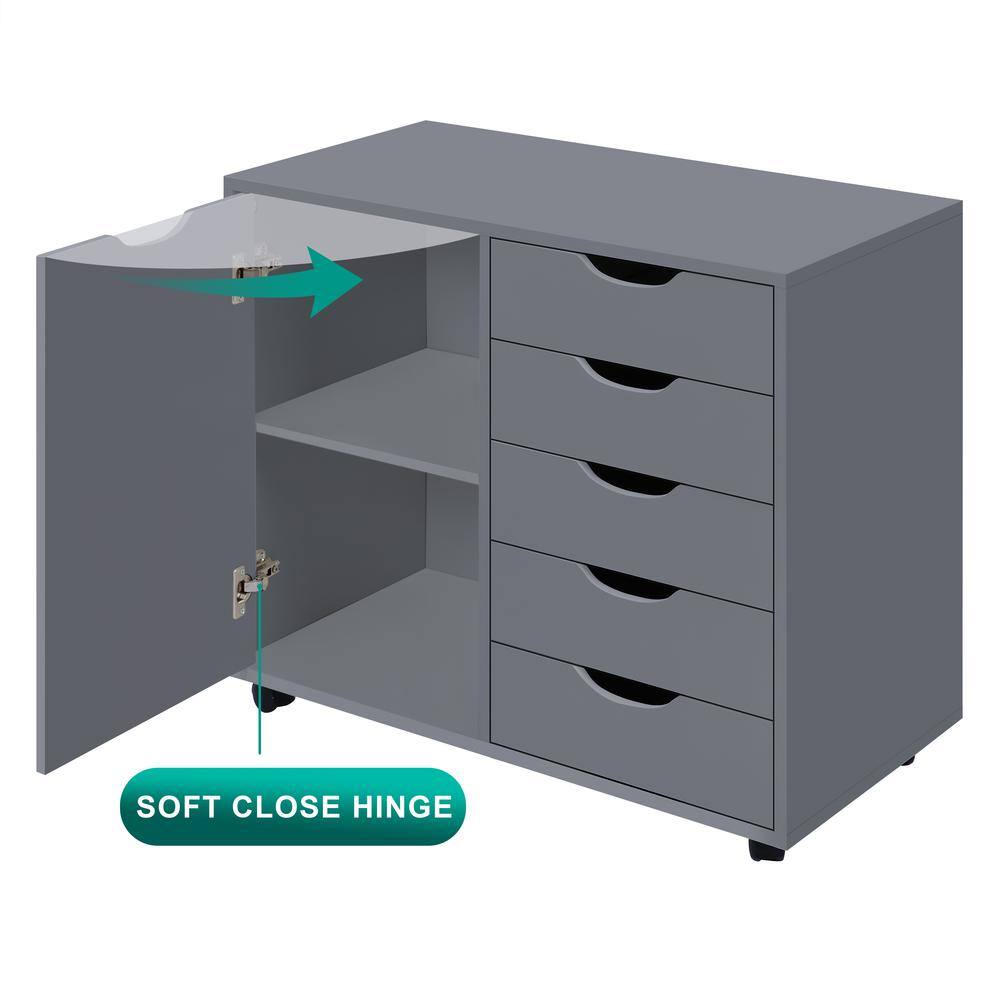 Gray Medium Wood 5-Drawer Mobile Lateral File Cabinet