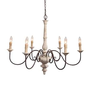 Estilo 6-Light Distressed White Farmhouse Chandelier 37 in. W Wood Candlestick Chandelier in French Country Flair style