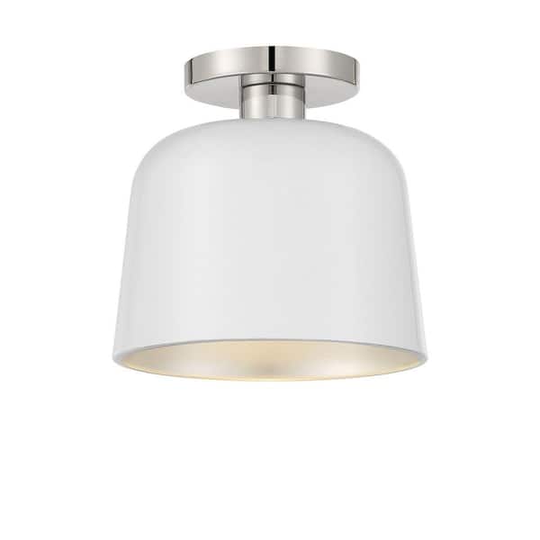 Savoy House 9 in. W x 9 in. H 1-Light White with Polished Nickel Semi Flush Mount with Metal Shade