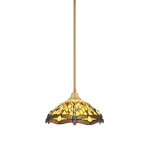 Sparta 100-Watt 1-Light New Age Brass Stem Pendant Light with Amber Dragonfly Glass Shade and Light Bulb Not Included