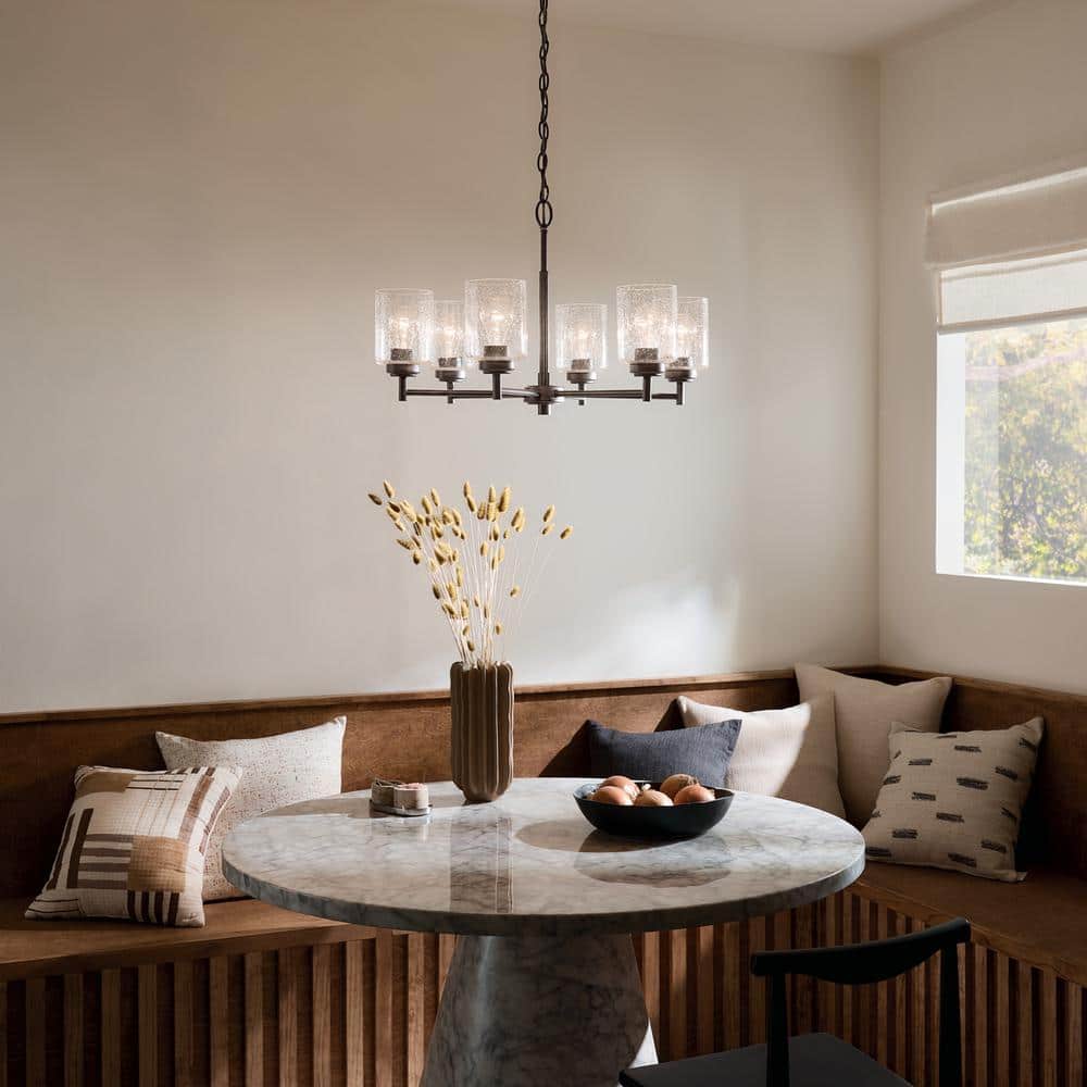 Bronze 6-Light Chandelier with Clear Seeded Glass Shades