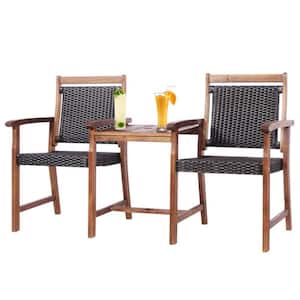 2-Seat Patio Rattan Acacia Wood Outdoor Loveseat Chair with Coffee Table