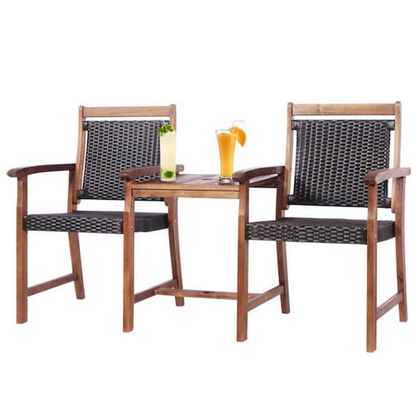 Clihome 2-Seat Patio Rattan Acacia Wood Outdoor Loveseat Chair with Coffee Table