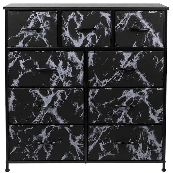 Sorbus 39.5 in. L x 11.5 in. W x 39.5 in. H 9-Drawer Marble Black Rustic Dresser Steel Frame Wood Top Easy Pull Fabric Bins