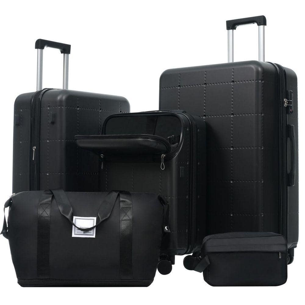 5-Piece Black ABS Hardside Expandable Luggage Set with USB Port, TSA Lock, Double Spinner Wheels and Bonus Bags