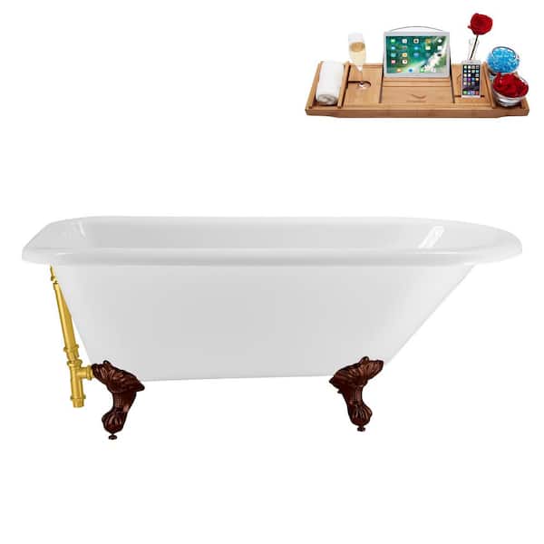 Streamline 62 in. x 29 in. Acrylic Clawfoot Soaking Bathtub in Glossy White Polished Gold Drain, Matte Oil Rubbed Bronze Clawfeet