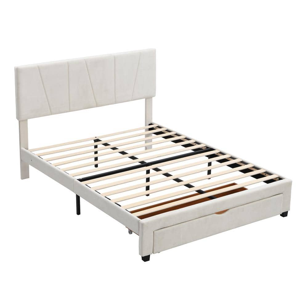 Z-joyee 62.60 in. W Beige Wood Frame Queen Upholstered Platform Bed ...