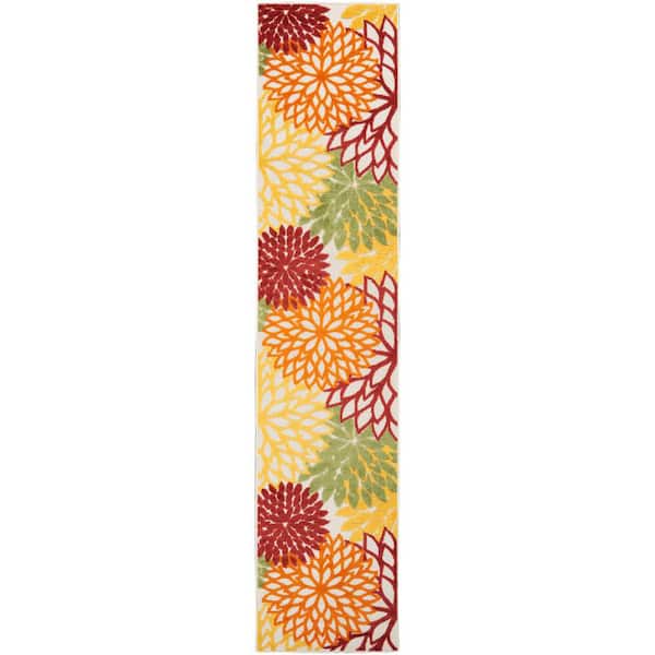 Nourison Aloha Red Multi Colored 2 ft. x 10 ft. Kitchen Runner Floral Contemporary Indoor/Outdoor Patio Area Rug