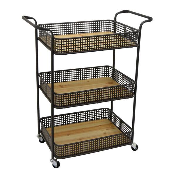 THREE HANDS 30 in. Brown Wood and Metal Cart