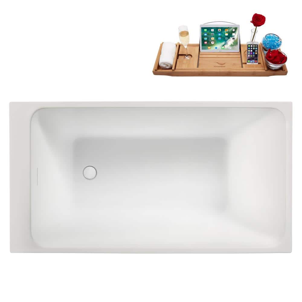 51" Glossy White Acrylic Freestanding Soaking Bathtub with Bamboo Tray