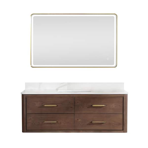 ROSWELL Cristo 55 in. W x 22 in. D x 20.6 in. H Single Sink Bath Vanity in Dark Brown with White Quartz Stone Top and Mirror