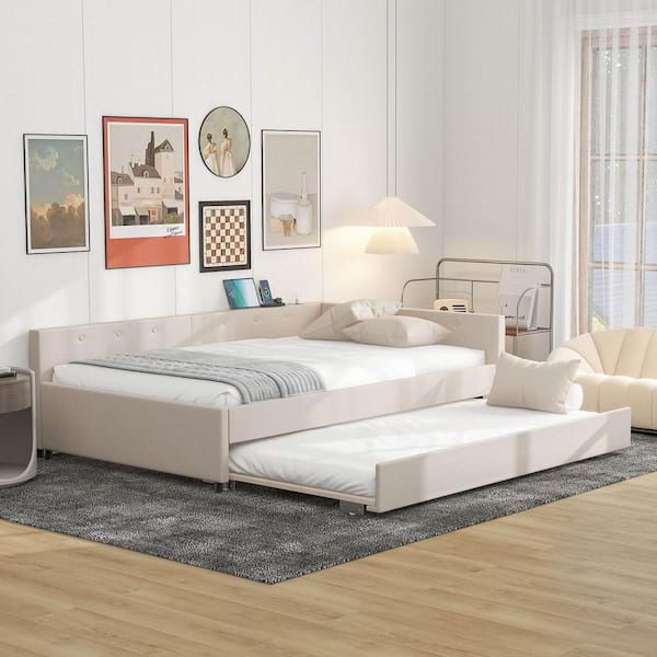 Polibi Beige Wood Frame Twin Platform Bed with USB and Twin Size Trundle