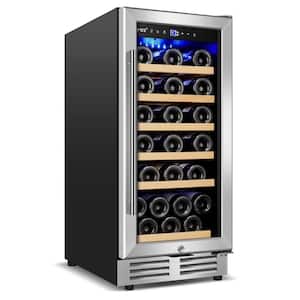 15 in. Single Zone 30-Bottle Cellar Cooling Unit Built-In and Freestanding Wine Cooler 2 Handles Stainless Steel