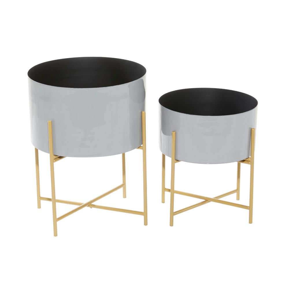 Gray Metal Indoor Outdoor Planters with Gold Stands, Set of 2