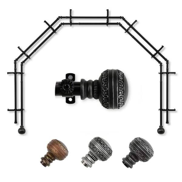 EMOH 13/16" Dia Adjustable 5-Sided Double Bay Window Curtain Rod 28 to 48" (each side) with Hudson Finials in Black