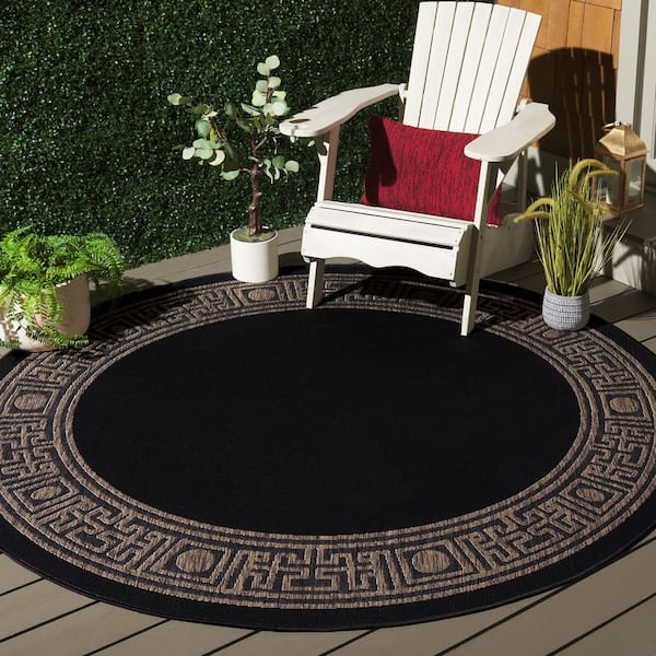Courtyard Black/Coffee 7 ft. x 7 ft. Geometric Border Indoor/Outdoor Round Area Rug