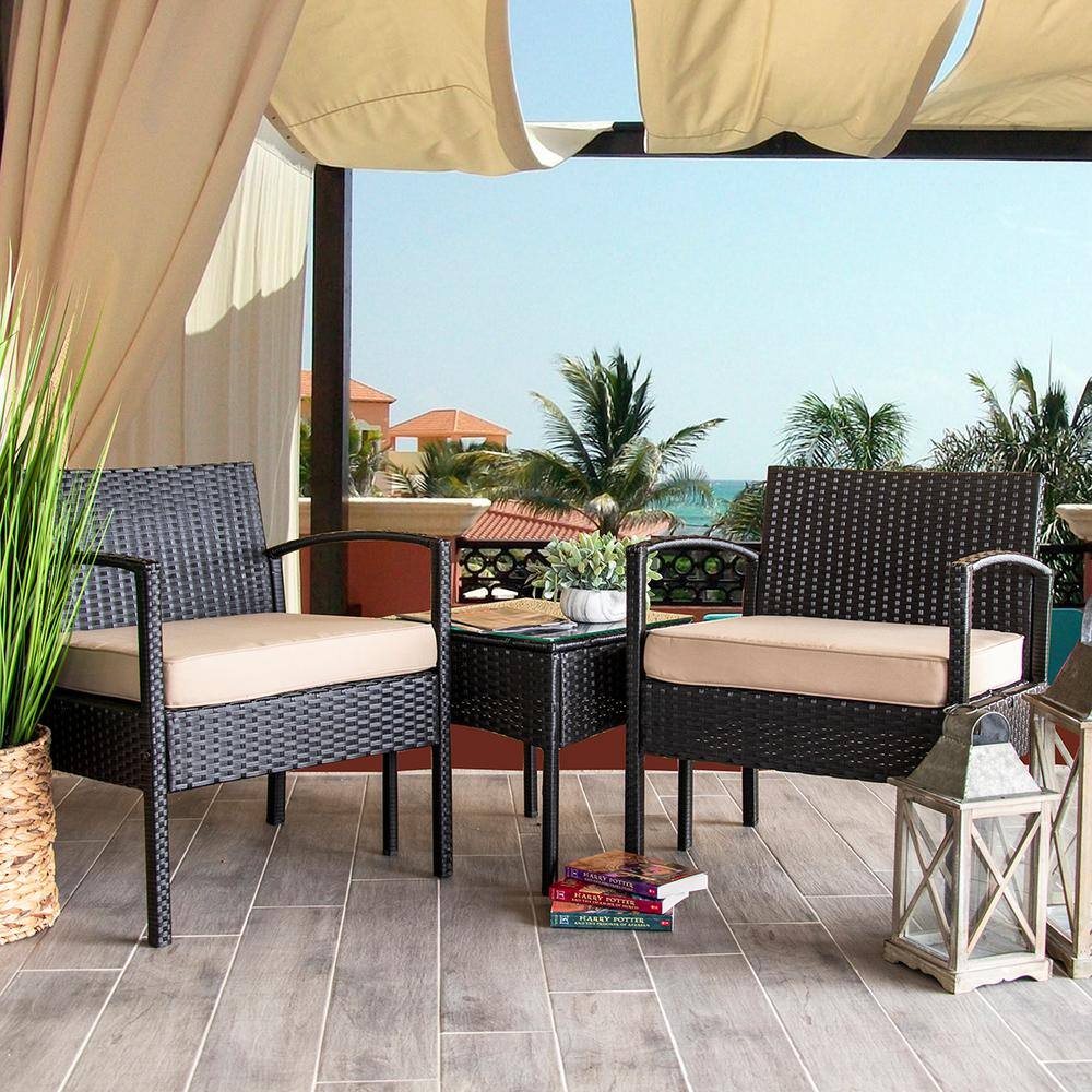 Black Steel Frame 3-Piece Patio Set with Beige Cushions and Glass Table