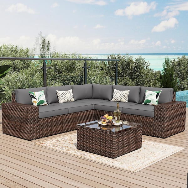 Gray 6-Pieces Rattan Wicker Steel Patio Outdoor Sectional Set with Black Cushions, Coffee Table and Cover