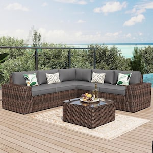 6-Pieces Rattan Wicker Steel Patio Outdoor Sectional Set and Coffee Table with Gray Cushions and Set Covers